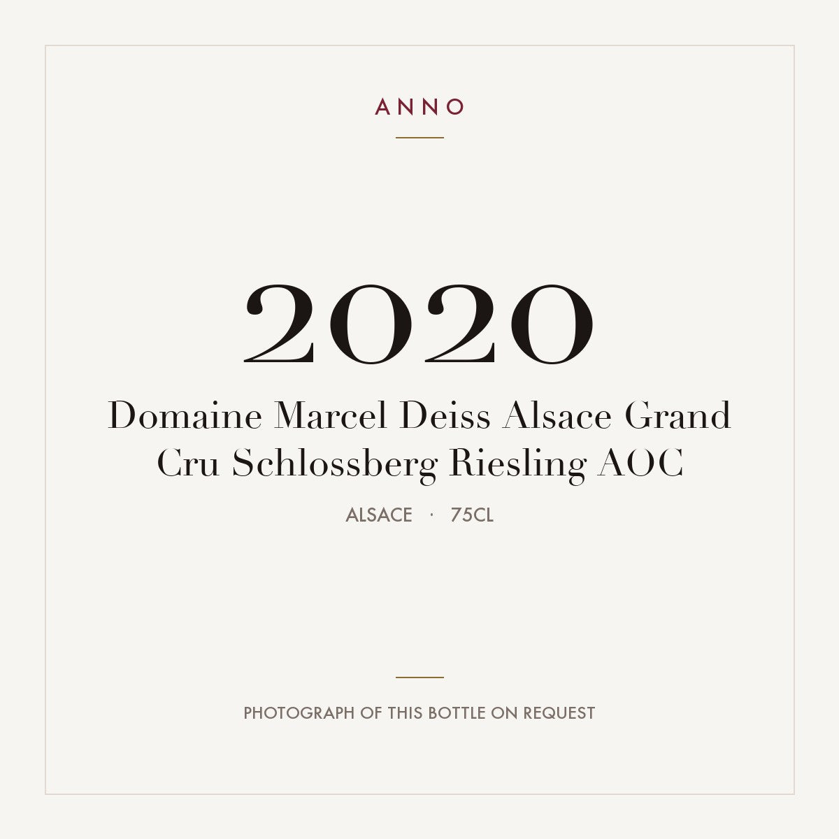 Domaine Marcel Deiss Alsace Grand Cru Schlossberg Riesling 2020 AOC 0,75l, Alsazia — card dell'annata ANNO; foto della bottiglia reale disponibile su richiesta
