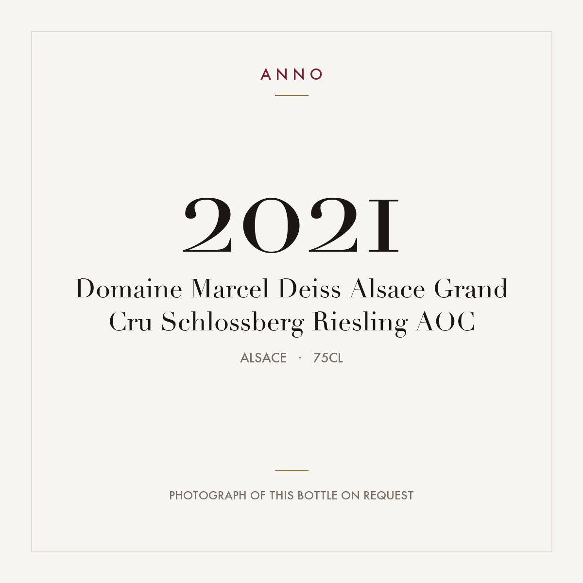 Domaine Marcel Deiss Alsace Grand Cru Schlossberg Riesling 2021 AOC 0,75l, Alsácia — cartão de colheita ANNO; fotografia da garrafa real disponível a pedido
