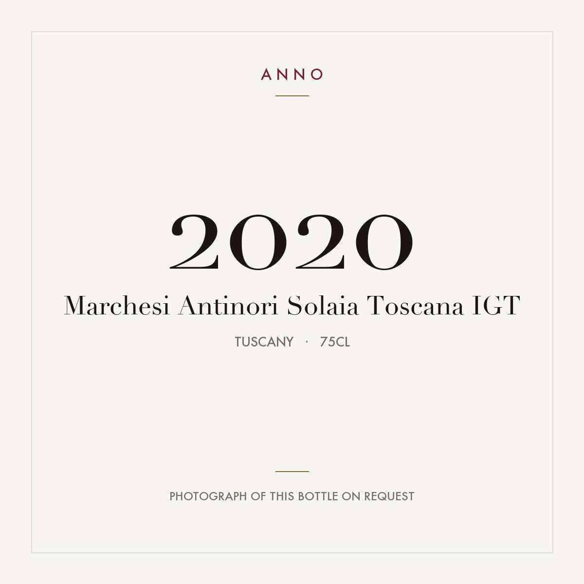 Marchesi Antinori Solaia Toscana 2020 IGT 0,75l, Toscana — cartão de colheita ANNO; fotografia da garrafa real disponível a pedido