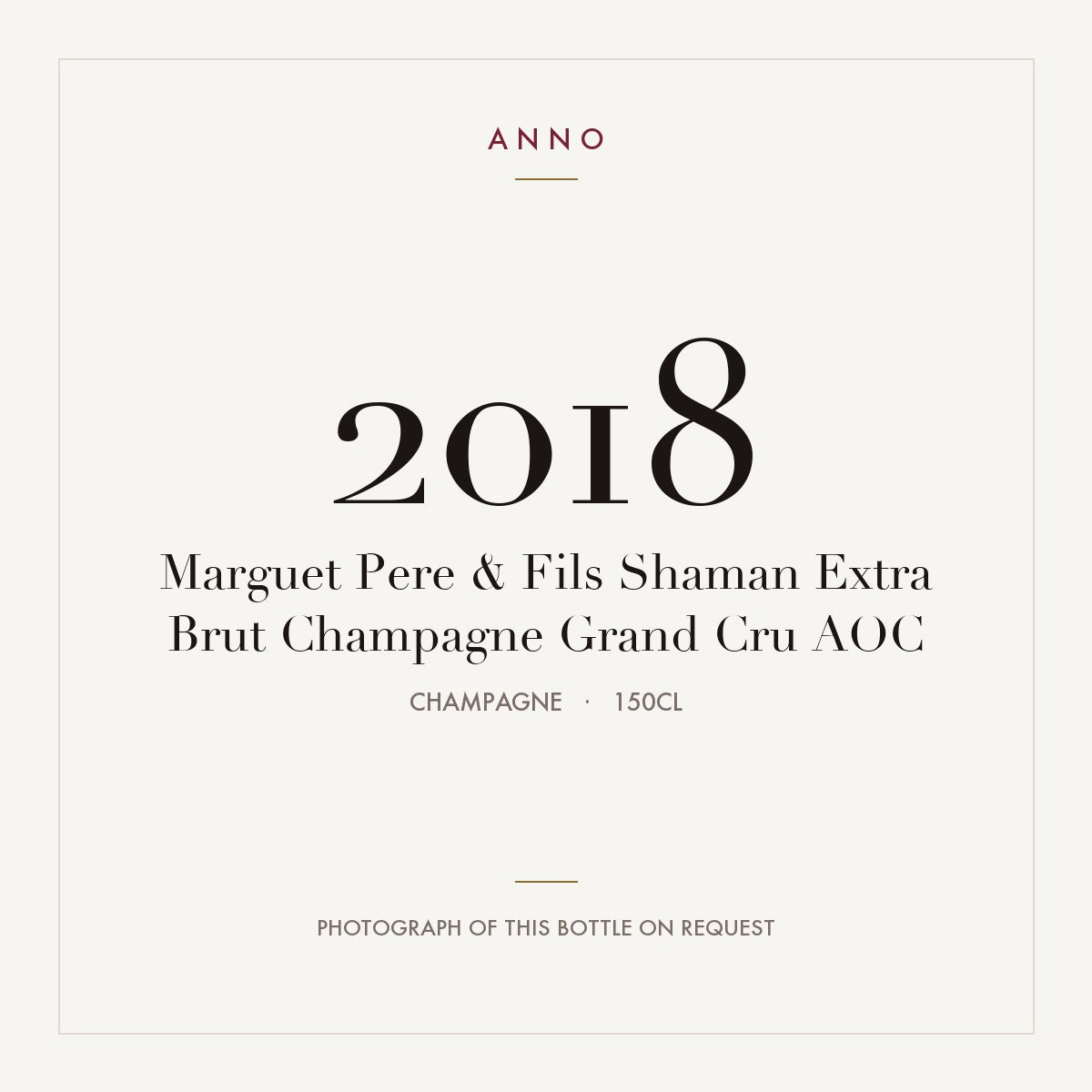 Marguet Pere & Fils Shaman Extra Brut Champagne Grand Cru 2018 AOC 1,5l, Champagne — cartão de colheita ANNO; fotografia da garrafa real disponível a pedido