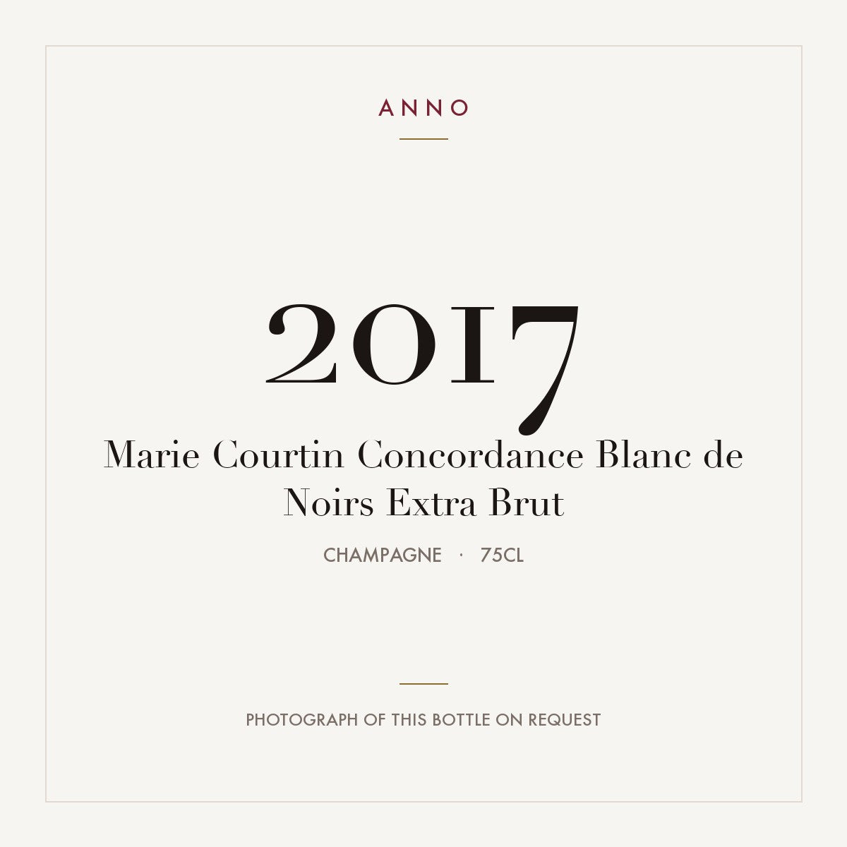 Marie Courtin Concordance Blanc de Noirs Extra Brut Champagne 2017 AOC 0,75l — carte millésime ANNO ; photo de la bouteille réelle disponible sur demande