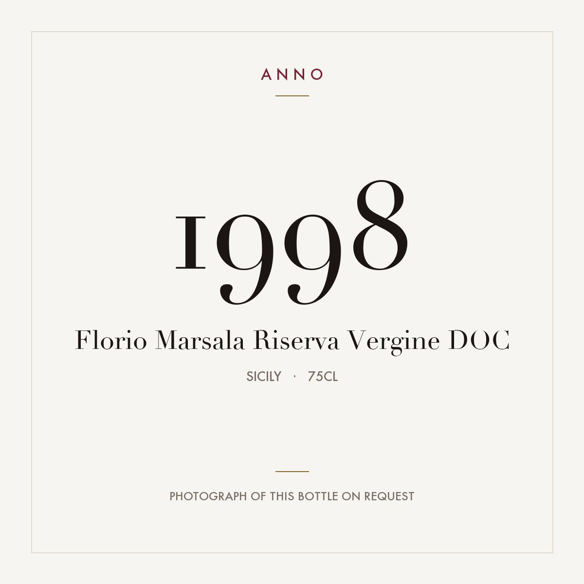 Florio Marsala Riserva Vergine 1998 DOC 0,75l, Sicilië — ANNO-jaargangkaart; foto van de echte fles op aanvraag
