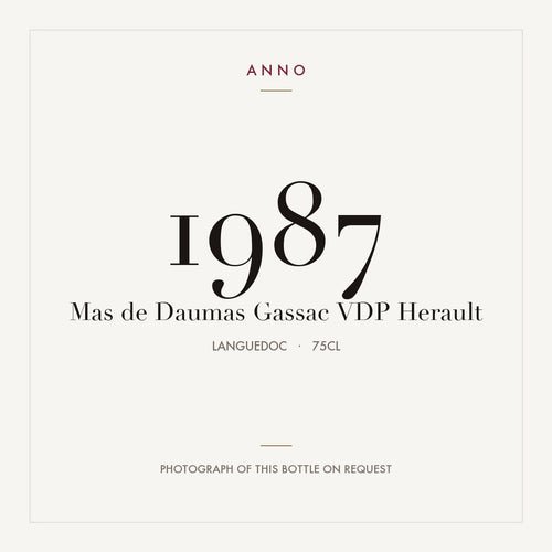Mas de Daumas Gassac VDP Herault 1987 0,75l from Languedoc — ANNO vintage card; photograph of the actual bottle available on request