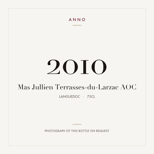 Mas Jullien Terrasses-du-Larzac 2010 AOC 0,75l from Languedoc — ANNO vintage card; photograph of the actual bottle available on request