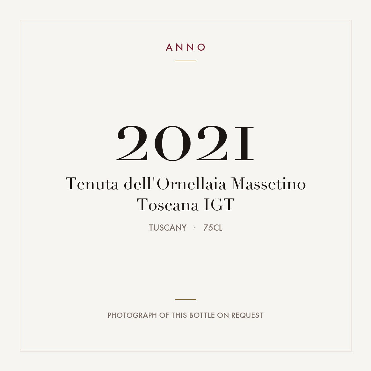 Tenuta dell'Ornellaia Massetino Toscana 2021 IGT 0,75l, Toscane — ANNO-jaargangkaart; foto van de echte fles op aanvraag