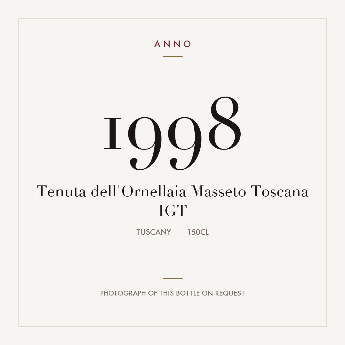 Tenuta dell'Ornellaia Masseto Toscana 1998 IGT 1,5l, Toscana — cartão de colheita ANNO; fotografia da garrafa real disponível a pedido