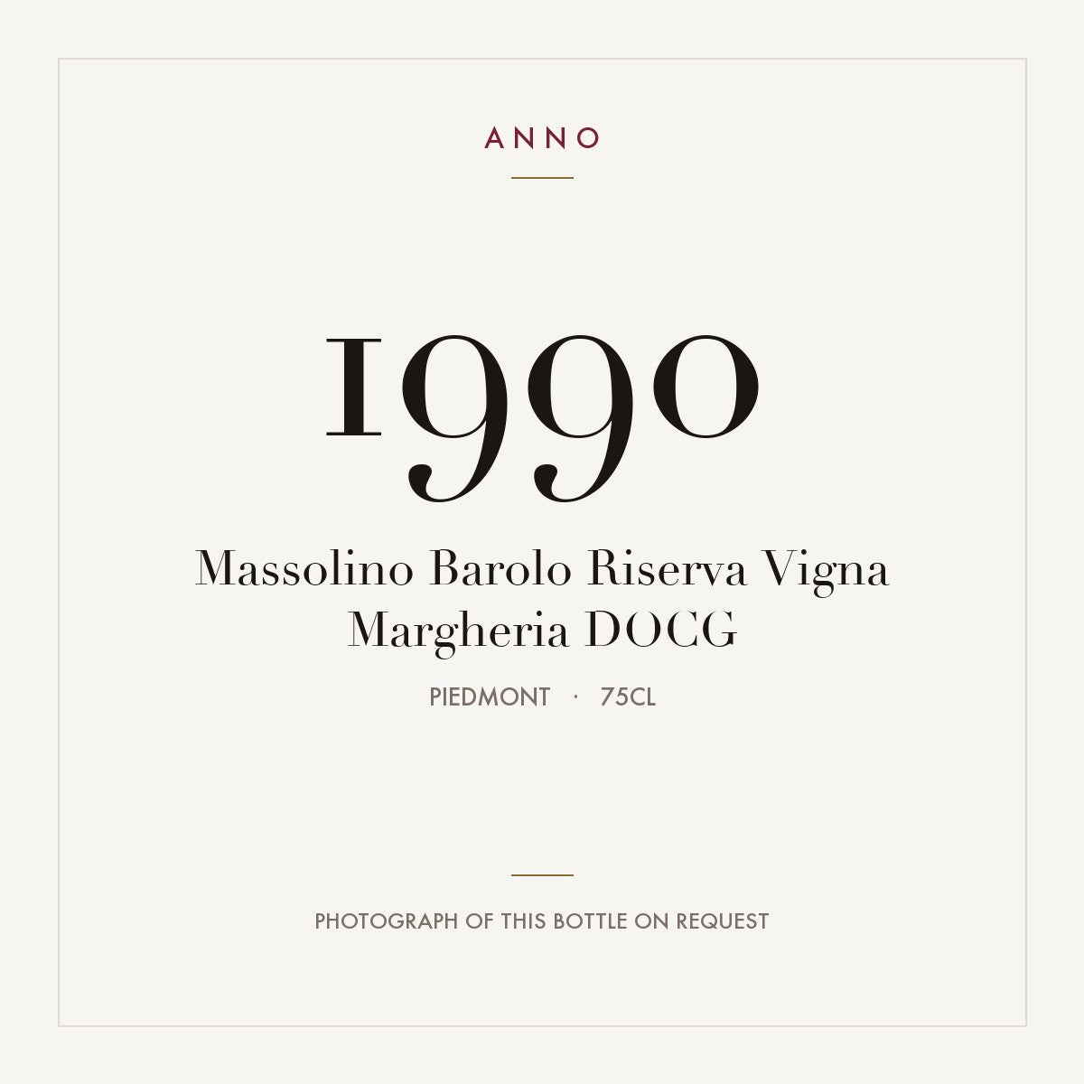 Massolino Barolo Riserva Vigna Margheria 1990 DOCG 0,75l, Piamonte — tarjeta de añada ANNO; foto de la botella real disponible bajo petición