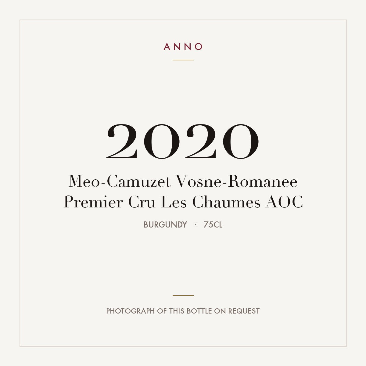 Meo-Camuzet Vosne-Romanee Premier Cru Les Chaumes 2020 AOC 0,75l, Burgund — ANNO-Jahrgangskarte; Foto der tatsächlichen Flasche auf Anfrage