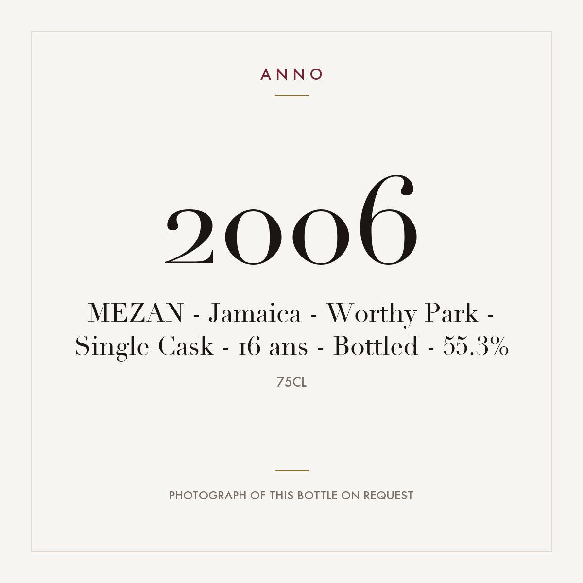 Mezan Worthy Park Single Cask 16 Years Old 2006 0,75l — ANNO vintage card; photograph of the actual bottle available on request