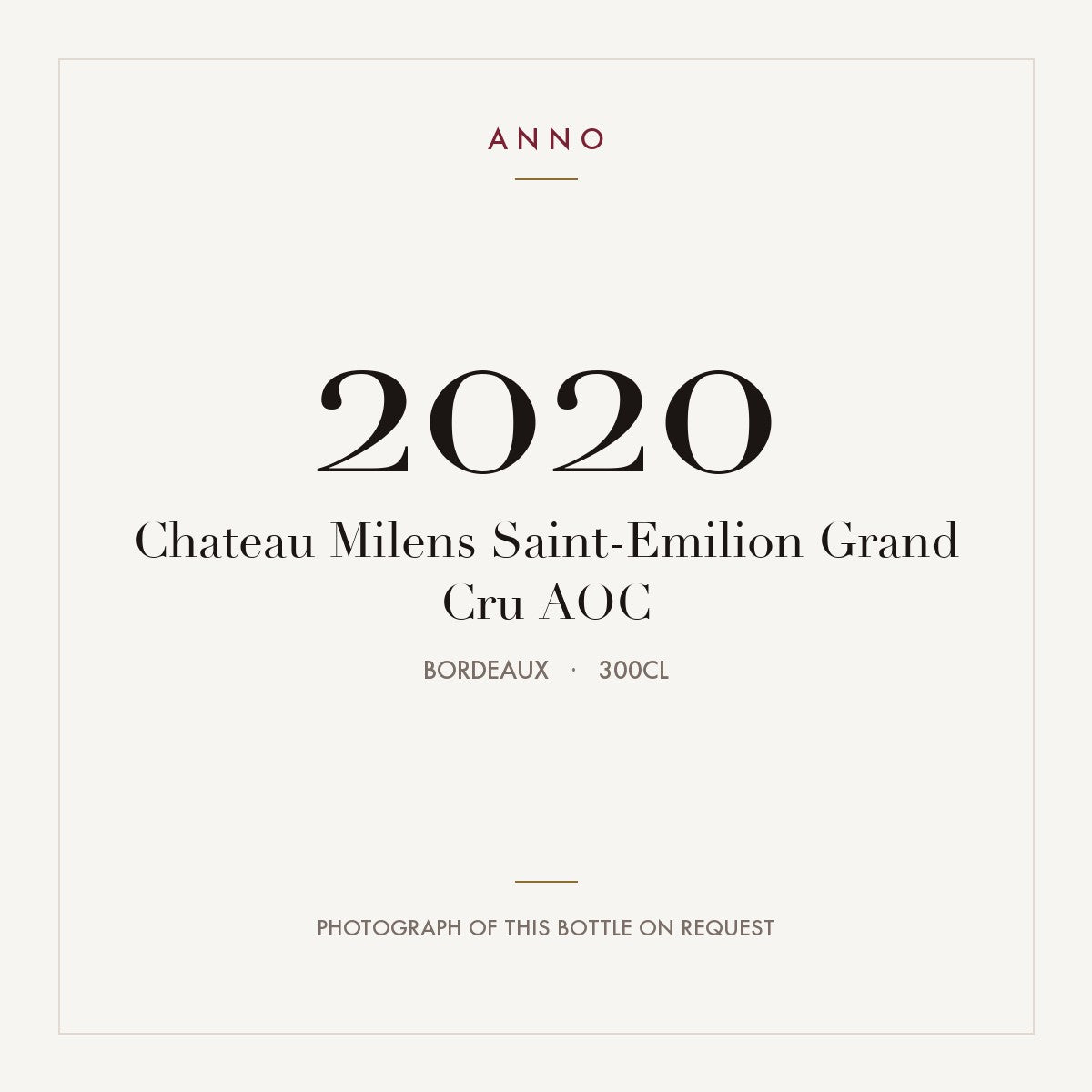 Chateau Milens Saint-Emilion Grand Cru 2020 AOC 3l, Bordeaux — card dell'annata ANNO; foto della bottiglia reale disponibile su richiesta