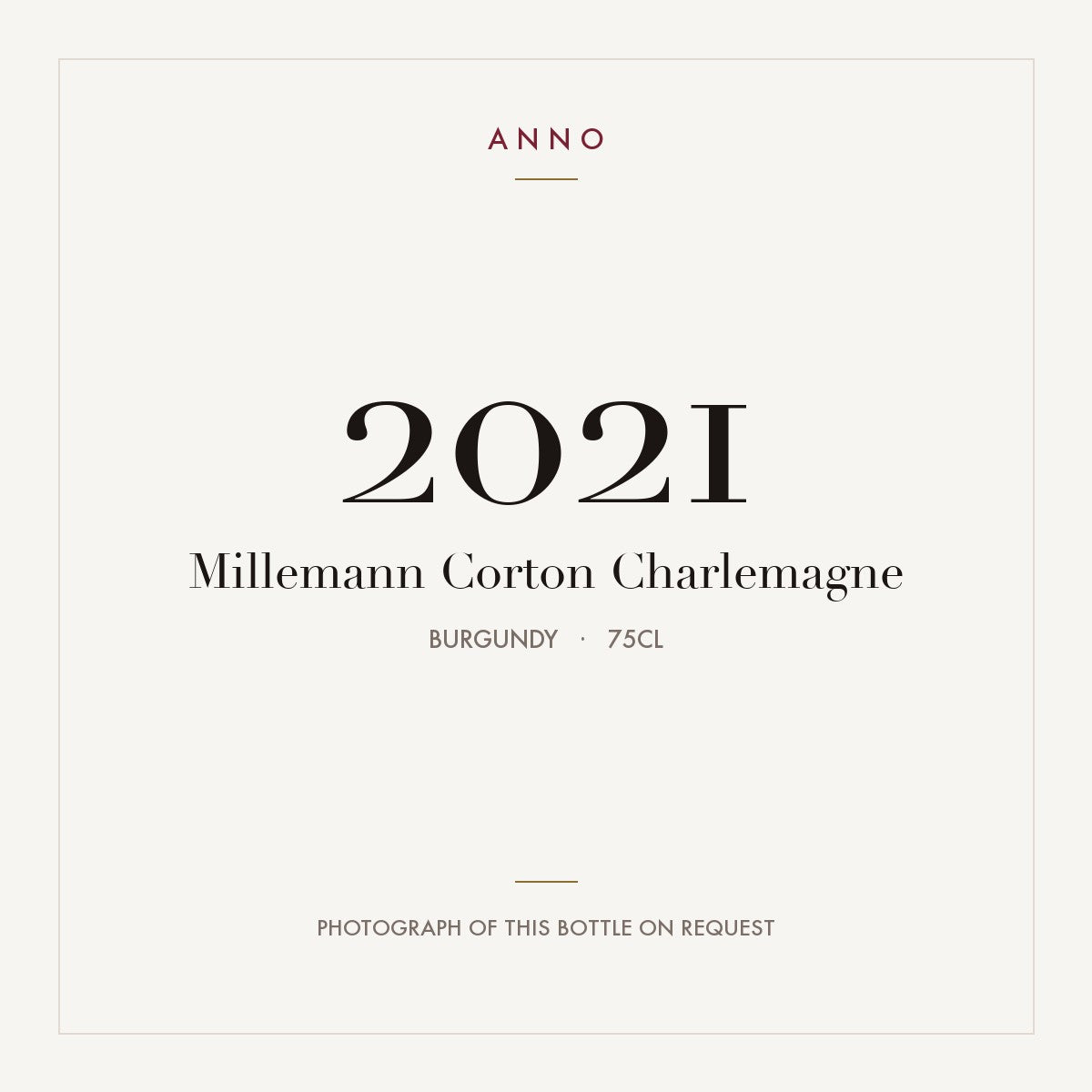 Millemann Corton Charlemagne 2021 0,75l, Бургундия — карточка урожая ANNO; фото настоящей бутылки по запросу