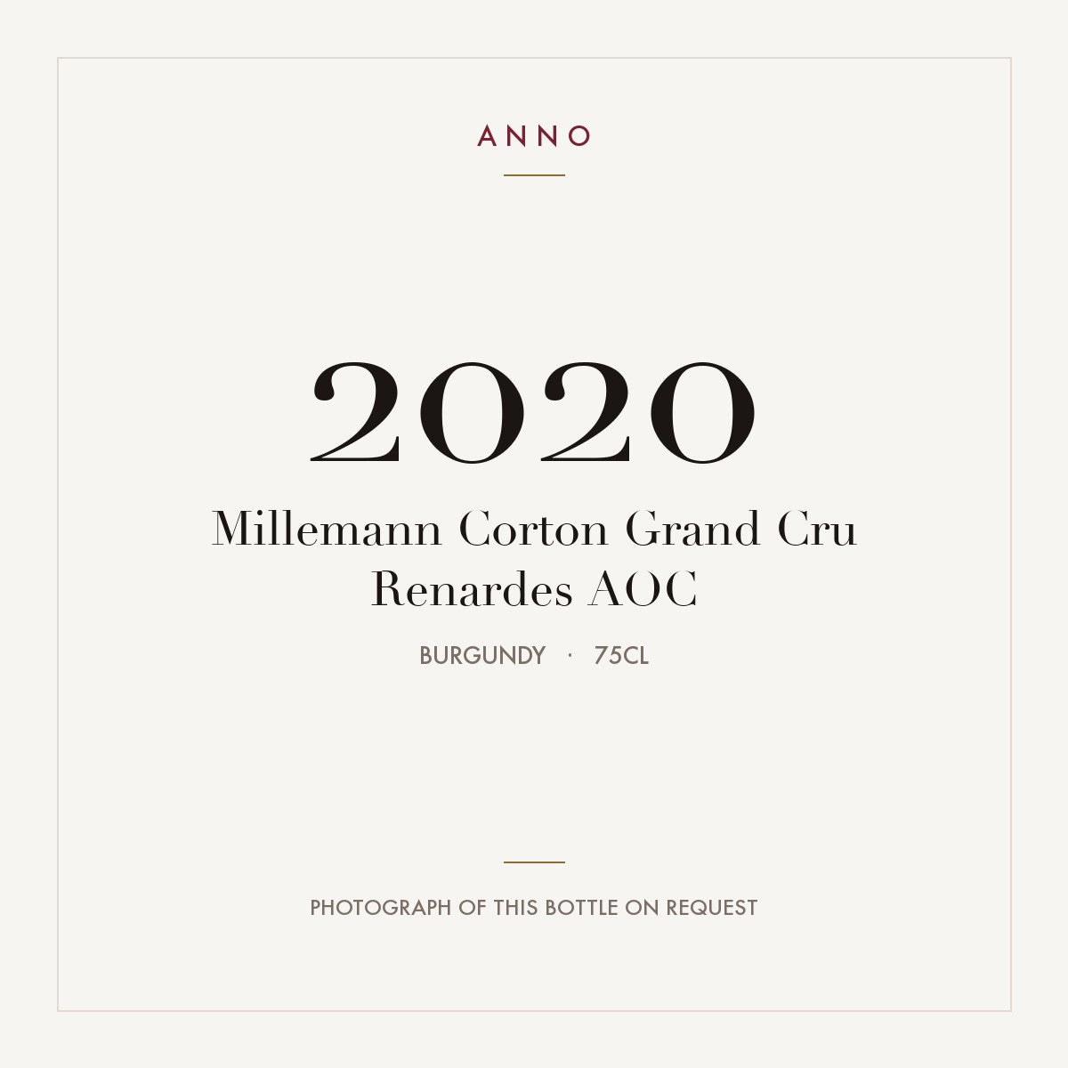 Millemann Corton Grand Cru Renardes 2020 AOC 0,75l, 勃根地 — ANNO 年份卡；實際酒瓶照片可應要求提供