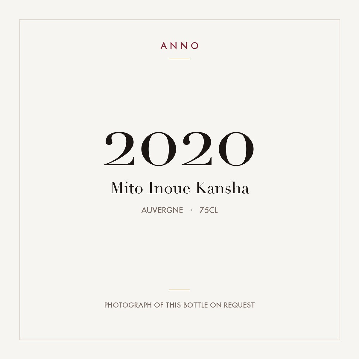 Mito Inoue Kansha 2020 0,75l, Auvergne — ANNO-årgangskort; foto af den faktiske flaske på forespørgsel