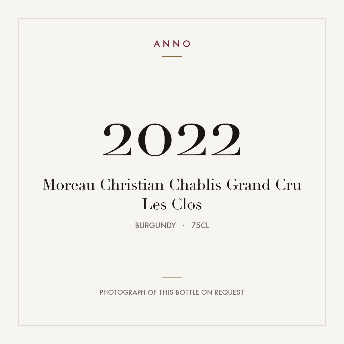 Moreau Christian Chablis Grand Cru Les Clos 2022 0,75l, Bourgogne — carte millésime ANNO ; photo de la bouteille réelle disponible sur demande