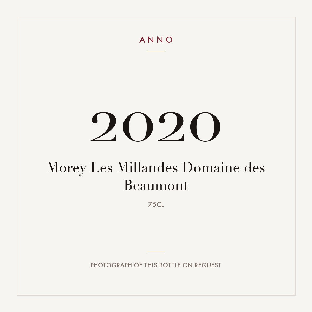 Domaine des Beaumont Morey-Saint-Denis Morey Les Millandes 2020 AOC 0,75l — ANNO vintage card; photograph of the actual bottle available on request