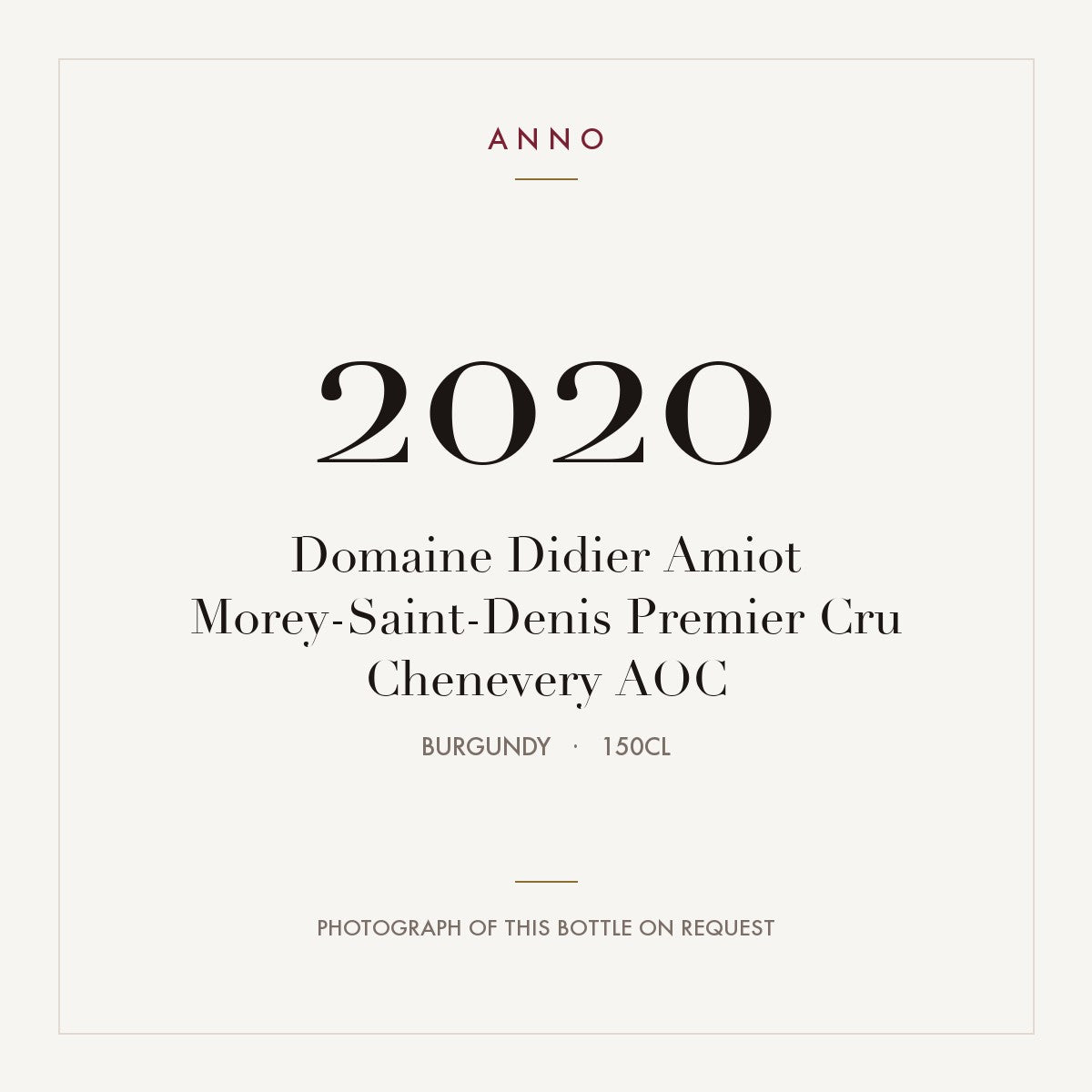 Domaine Didier Amiot Morey-Saint-Denis Premier Cru Chenevery 2020 AOC 1,5l from Burgundy — ANNO vintage card; photograph of the actual bottle available on request