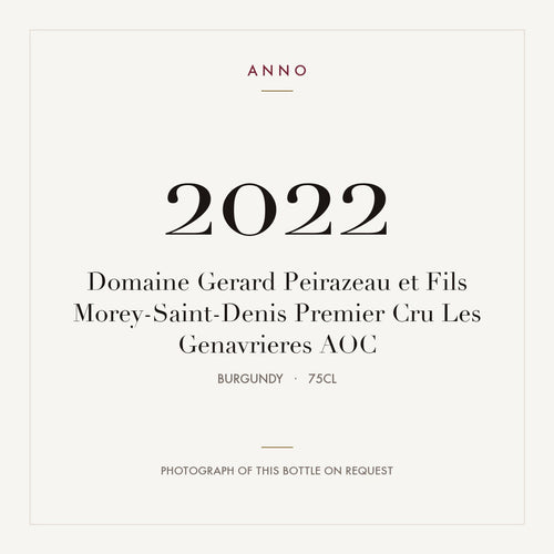 Domaine Gerard Peirazeau et Fils Morey-Saint-Denis Premier Cru Les Genavrieres 2022 AOC 0,75l from Burgundy — ANNO vintage card; photograph of the actual bottle available on request