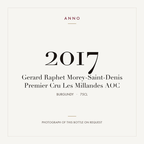 Gerard Raphet Morey-Saint-Denis Premier Cru Les Millandes 2017 AOC 0,75l from Burgundy — ANNO vintage card; photograph of the actual bottle available on request