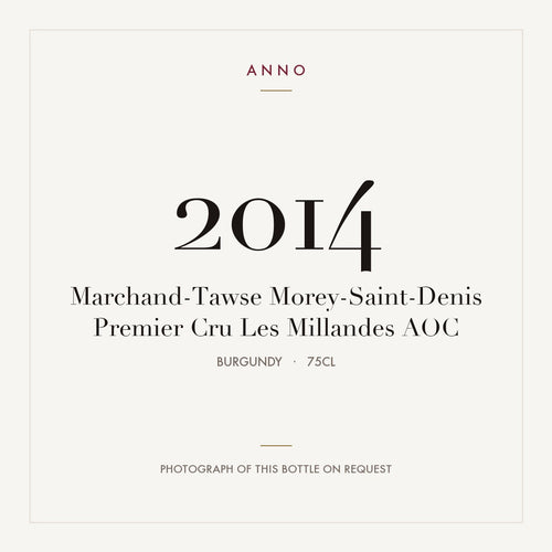 Marchand-Tawse Morey-Saint-Denis Premier Cru Les Millandes 2014 AOC 0,75l from Burgundy — ANNO vintage card; photograph of the actual bottle available on request