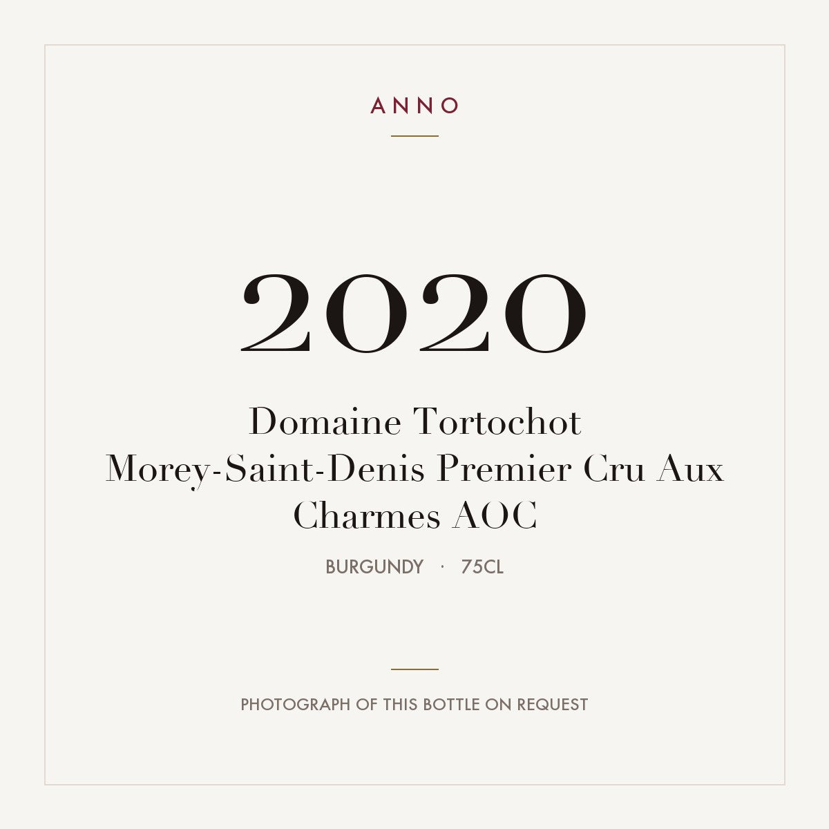Domaine Tortochot Morey-Saint-Denis Premier Cru Aux Charmes 2020 AOC 0,75l from Burgundy — ANNO vintage card; photograph of the actual bottle available on request