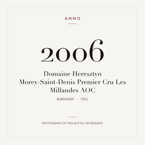 Domaine Heresztyn Morey-Saint-Denis Premier Cru Les Millandes 2006 AOC 0,75l from Burgundy — ANNO vintage card; photograph of the actual bottle available on request