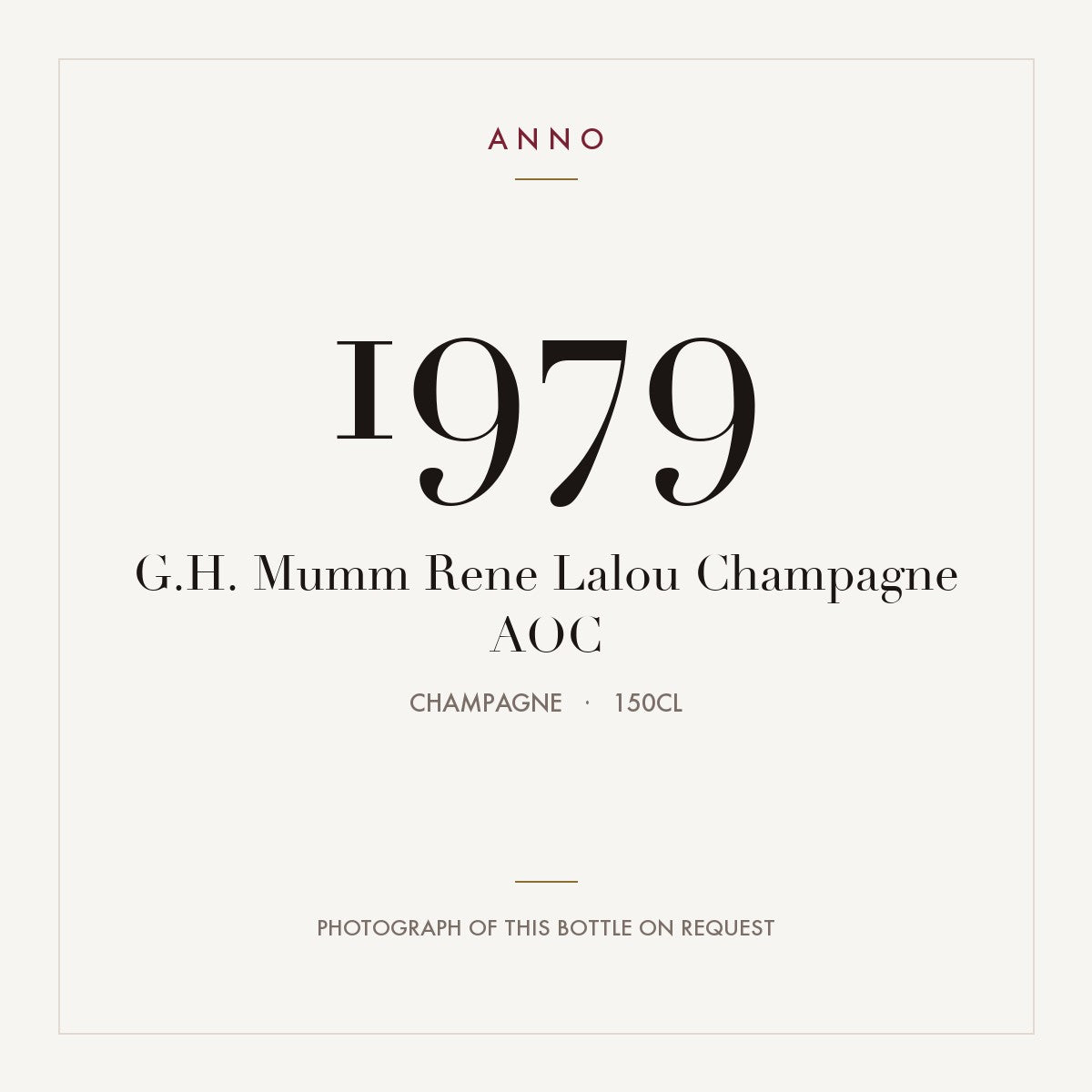 G.H. Mumm Rene Lalou Champagne 1979 AOC 1,5l, Champagne — carte millésime ANNO ; photo de la bouteille réelle disponible sur demande