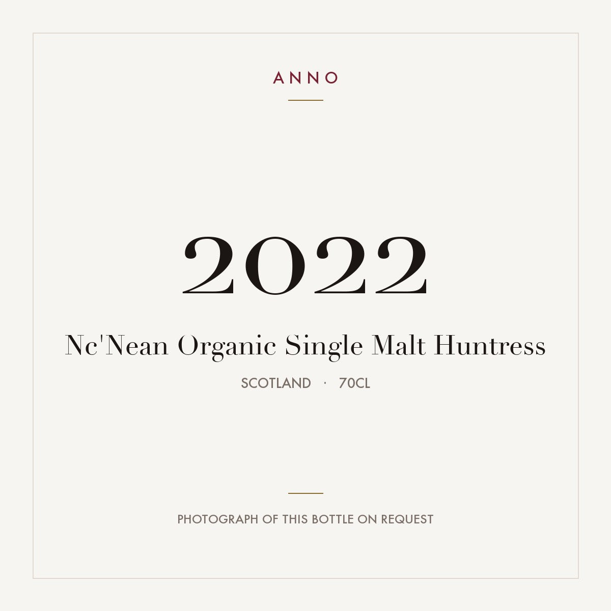 Nc'Nean Organic Single Malt Huntress 2022 0,7l from Scotland — ANNO vintage card; photograph of the actual bottle available on request