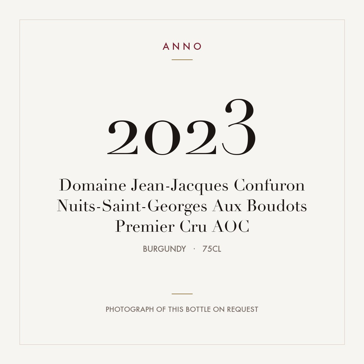 Domaine Jean-Jacques Confuron Nuits-Saint-Georges Premier Cru Aux Boudots 2023 AOC 0,75l — ANNO vintage card; photograph of the actual bottle available on request