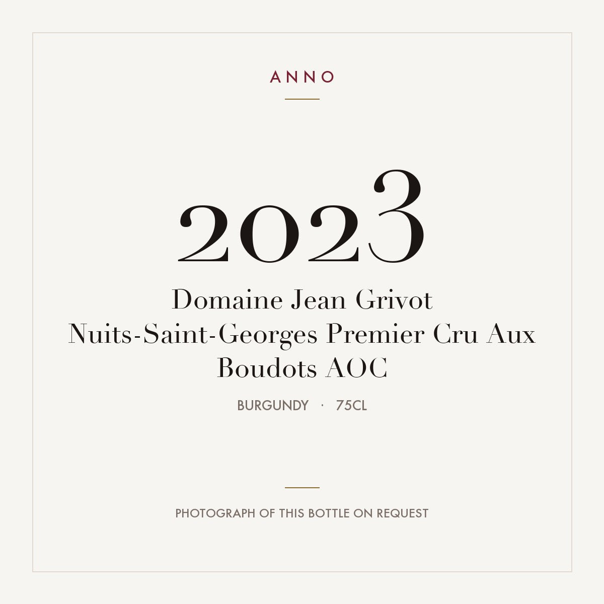 Domaine Jean Grivot Nuits-Saint-Georges Premier Cru Aux Boudots 2023 AOC 0,75l, Borgonha — cartão de colheita ANNO; fotografia da garrafa real disponível a pedido
