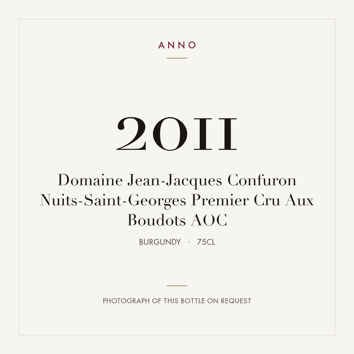Domaine Jean-Jacques Confuron Nuits-Saint-Georges Premier Cru Aux Boudots 2011 AOC 0,75l from Burgundy — ANNO vintage card; photograph of the actual bottle available on request