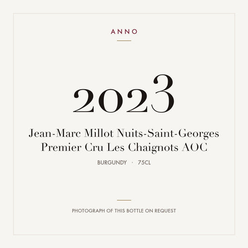 Jean-Marc Millot Nuits-Saint-Georges Premier Cru Les Chaignots 2023 AOC 0,75l from Burgundy — ANNO vintage card; photograph of the actual bottle available on request