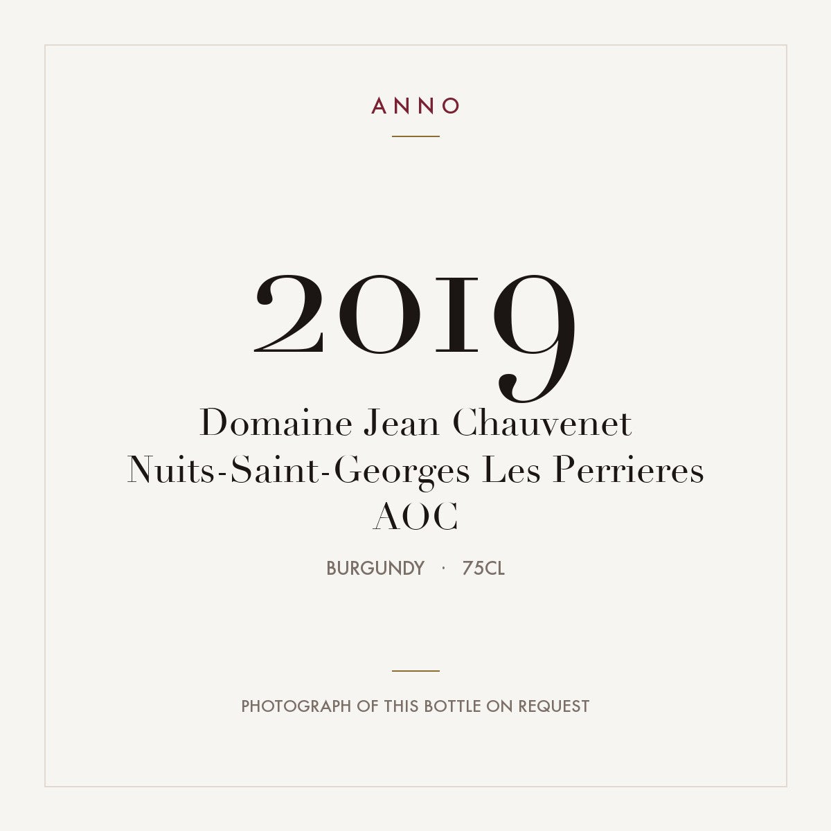 Domaine Jean Chauvenet Nuits-Saint-Georges Les Perrieres 2019 AOC 0,75l from Burgundy — ANNO vintage card; photograph of the actual bottle available on request