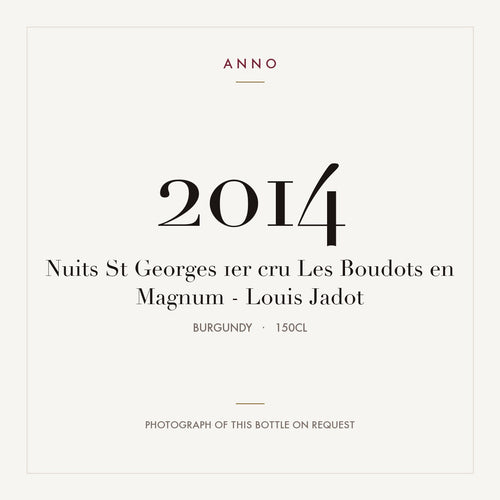 Louis Jadot Nuits-Saint-Georges Premier Cru Les Boudots 2014 AOC 1,5l — ANNO-jaargangkaart; foto van de echte fles op aanvraag