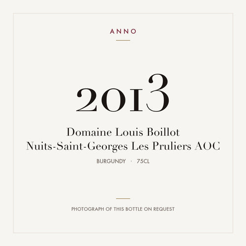 Domaine Louis Boillot Nuits-Saint-Georges Les Pruliers 2013 AOC 0,75l from Burgundy — ANNO vintage card; photograph of the actual bottle available on request