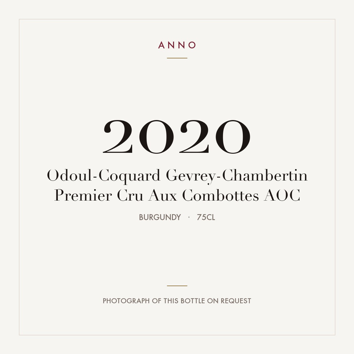 Odoul-Coquard Gevrey-Chambertin Premier Cru Aux Combottes 2020 AOC 0,75l, Bourgogne — carte millésime ANNO ; photo de la bouteille réelle disponible sur demande