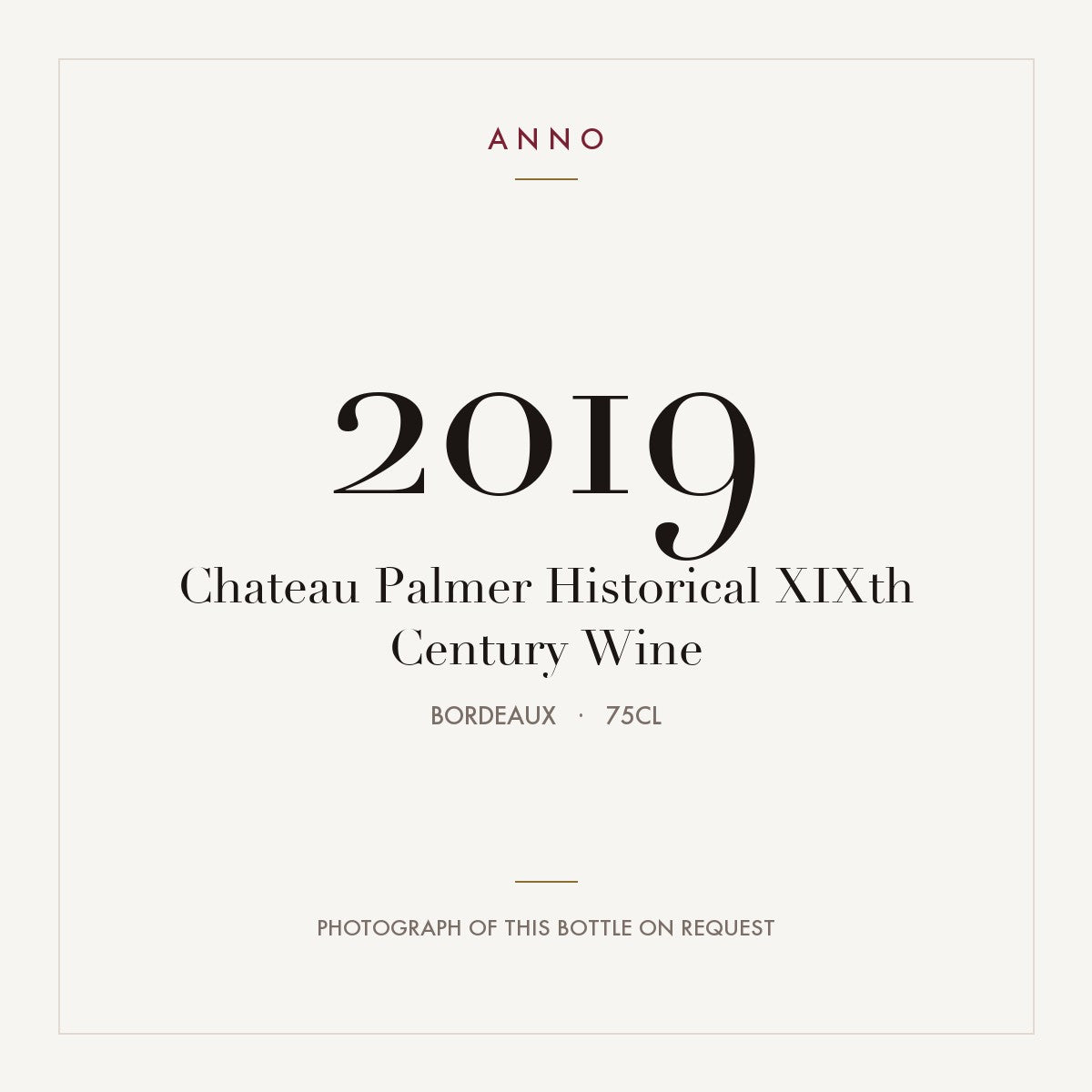 Chateau Palmer Historical XIXth Century Wine 2019 0,75l from Bordeaux — ANNO vintage card; photograph of the actual bottle available on request