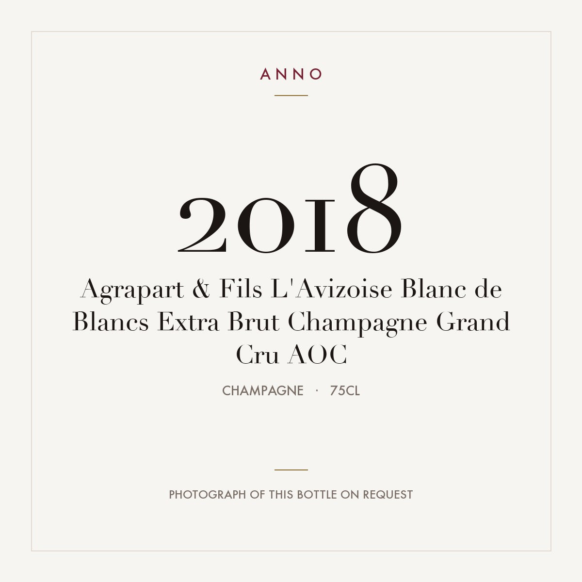 Agrapart & Fils L'Avizoise Blanc de Blancs Extra Brut Champagne Grand Cru 2018 AOC 0,75l, シャンパーニュ — ANNOヴィンテージカード。実際のボトルの写真はご要望に応じてご用意します