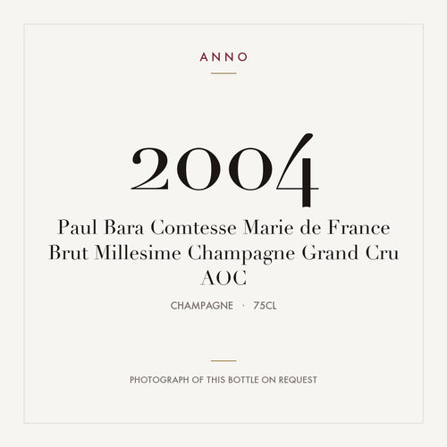 Paul Bara Comtesse Marie de France Brut Millesime Champagne Grand Cru 2004 AOC 0,75l from Champagne — ANNO vintage card; photograph of the actual bottle available on request