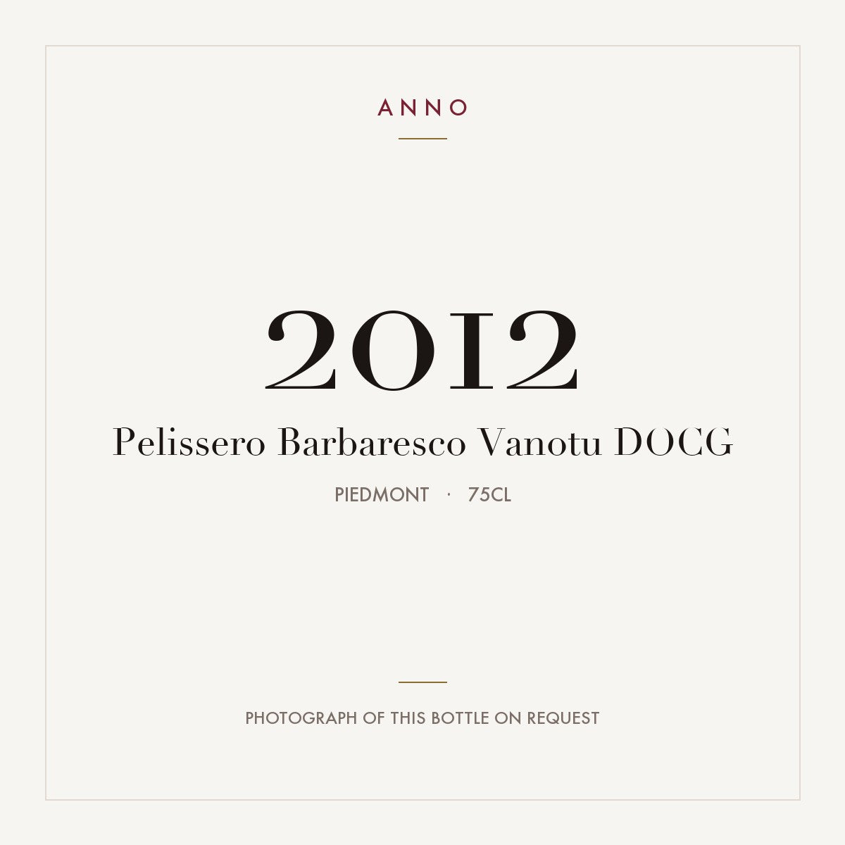 Pelissero Barbaresco Vanotu 2012 DOCG 0,75l, Piemonte — cartão de colheita ANNO; fotografia da garrafa real disponível a pedido
