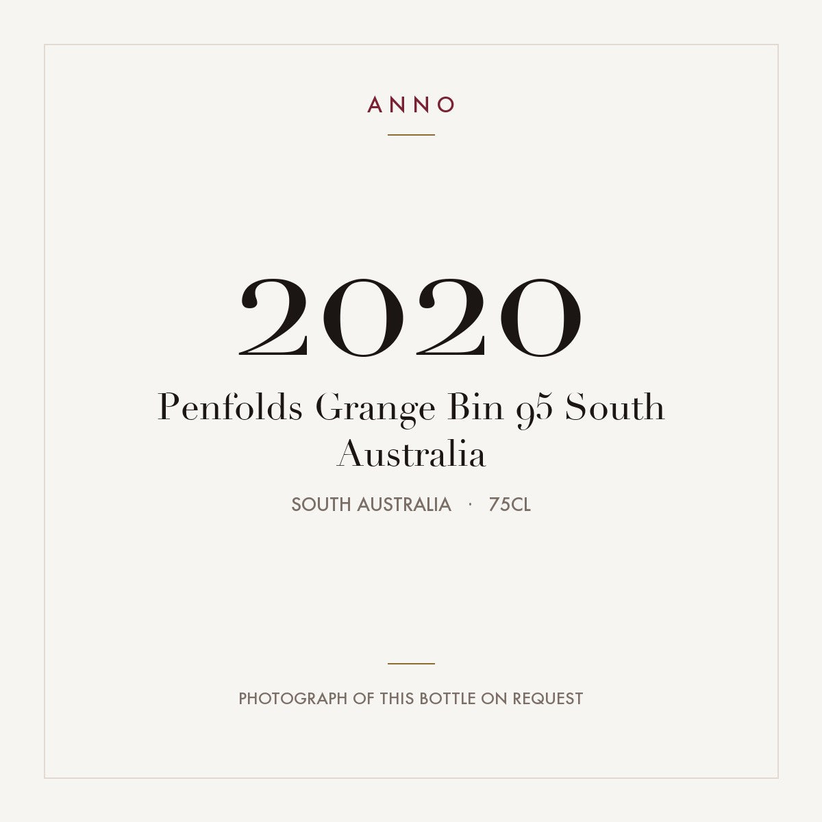 Penfolds Grange Bin 95 South Australia 2020 0,75l, 南オーストラリア州 — ANNOヴィンテージカード。実際のボトルの写真はご要望に応じてご用意します