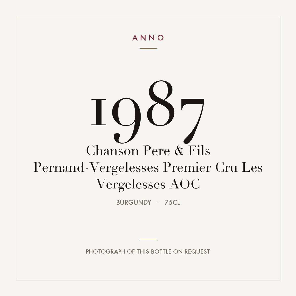 Chanson Pere & Fils Pernand-Vergelesses Premier Cru Les Vergelesses 1987 AOC 0,75l from Burgundy — ANNO vintage card; photograph of the actual bottle available on request