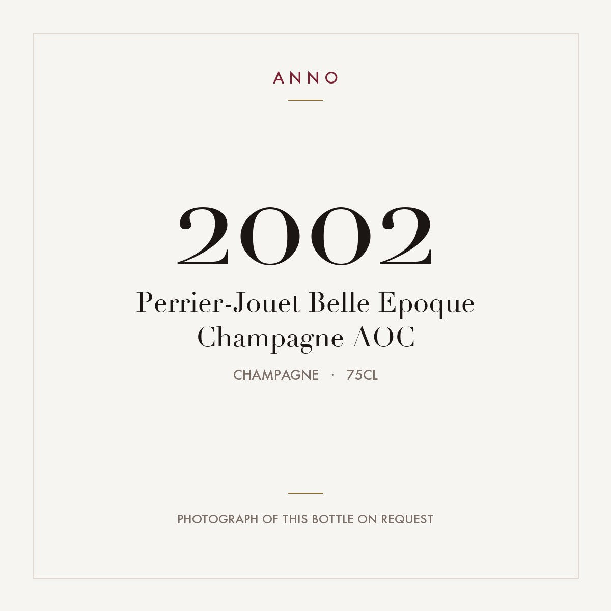 Perrier-Jouet Belle Epoque Champagne 2002 AOC 0,75l, Champagne — ANNO-årgangskort; foto af den faktiske flaske på forespørgsel
