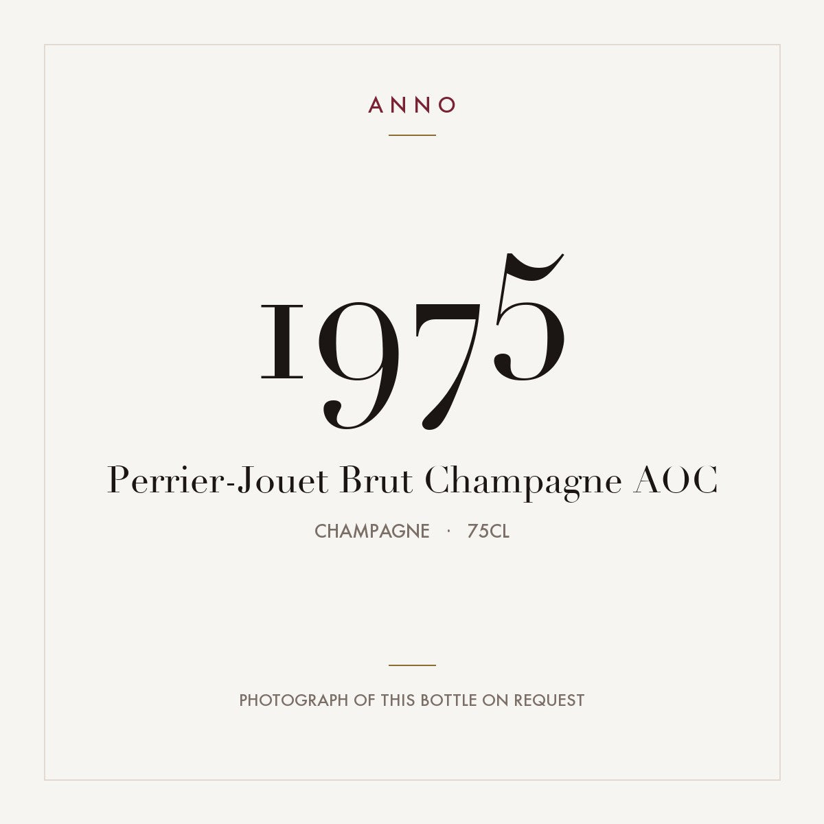 Perrier-Jouet Brut Champagne 1975 AOC 0,75l, Шампань — карточка урожая ANNO; фото настоящей бутылки по запросу