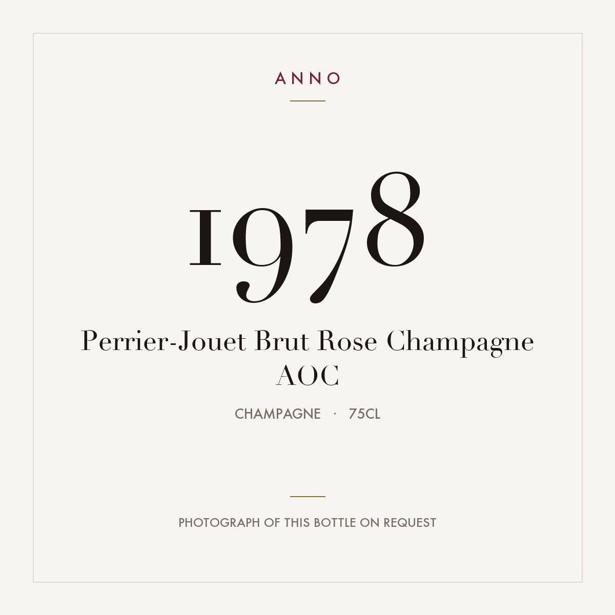 Perrier-Jouet Brut Rose Champagne 1978 AOC 0,75l, Champagne — cartão de colheita ANNO; fotografia da garrafa real disponível a pedido