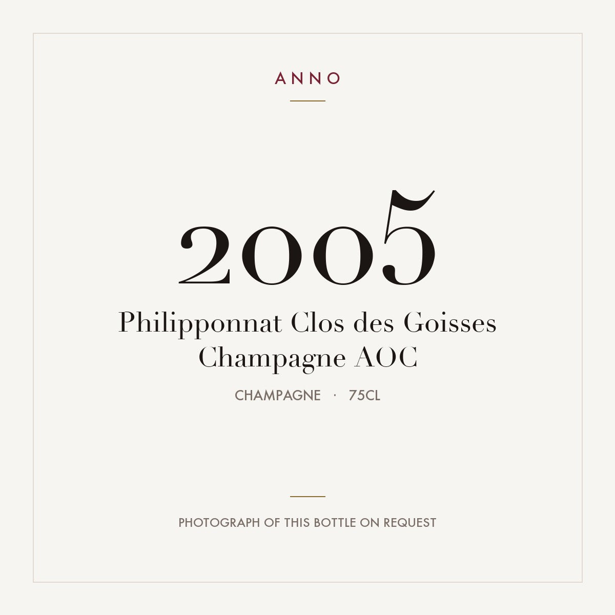 Philipponnat Clos des Goisses Champagne 2005 AOC 0,75l, Champagne — cartão de colheita ANNO; fotografia da garrafa real disponível a pedido