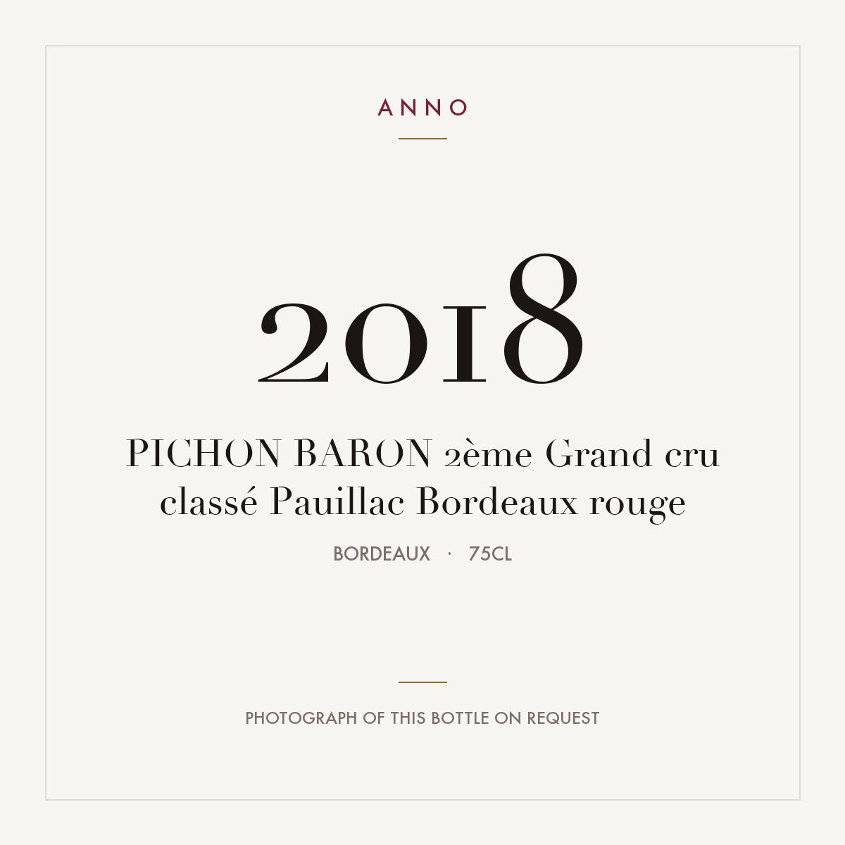Chateau Pichon Baron Pauillac 2018 AOC 0,75l — ANNO vintage card; photograph of the actual bottle available on request