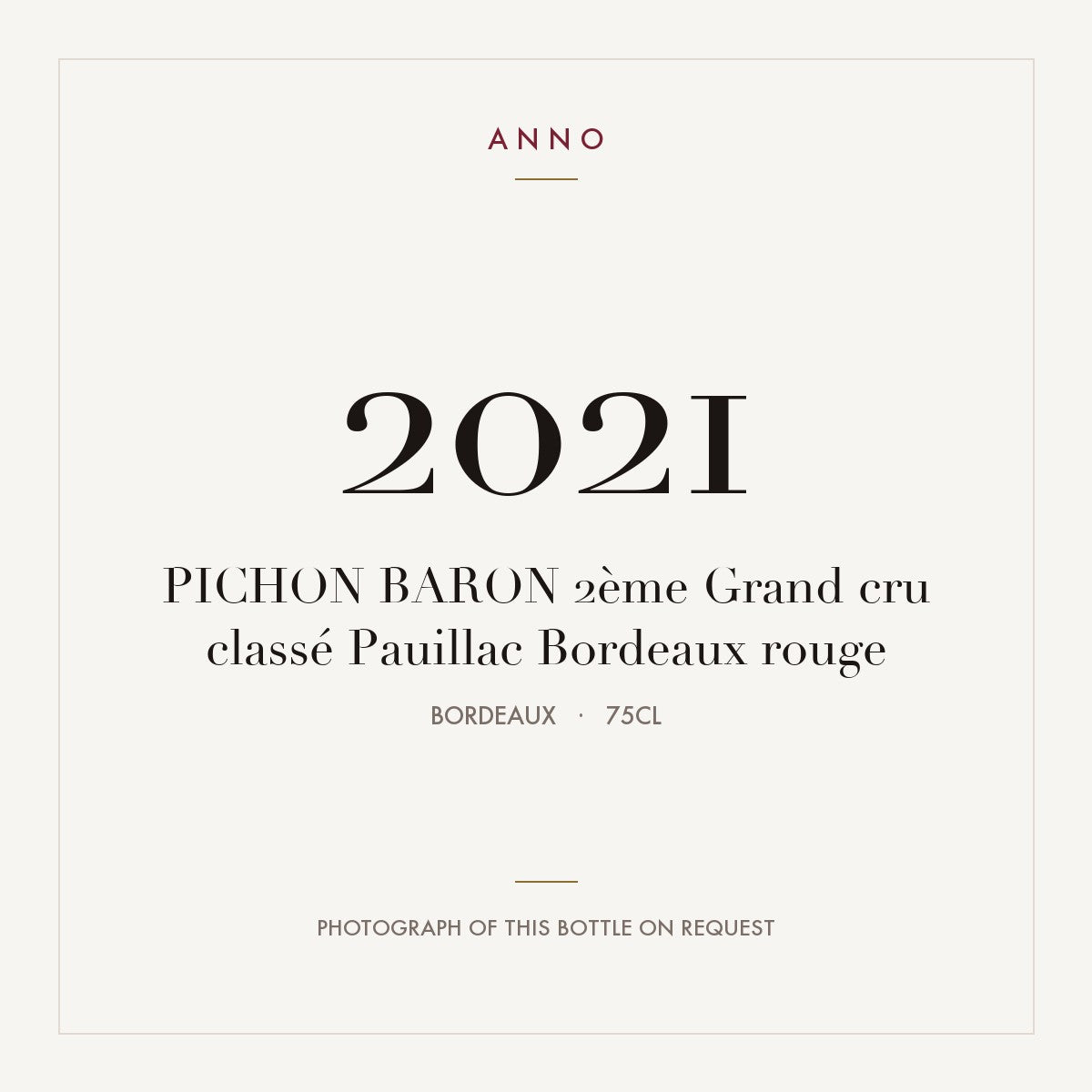Chateau Pichon Baron Pauillac 2021 AOC 0,75l — ANNO vintage card; photograph of the actual bottle available on request