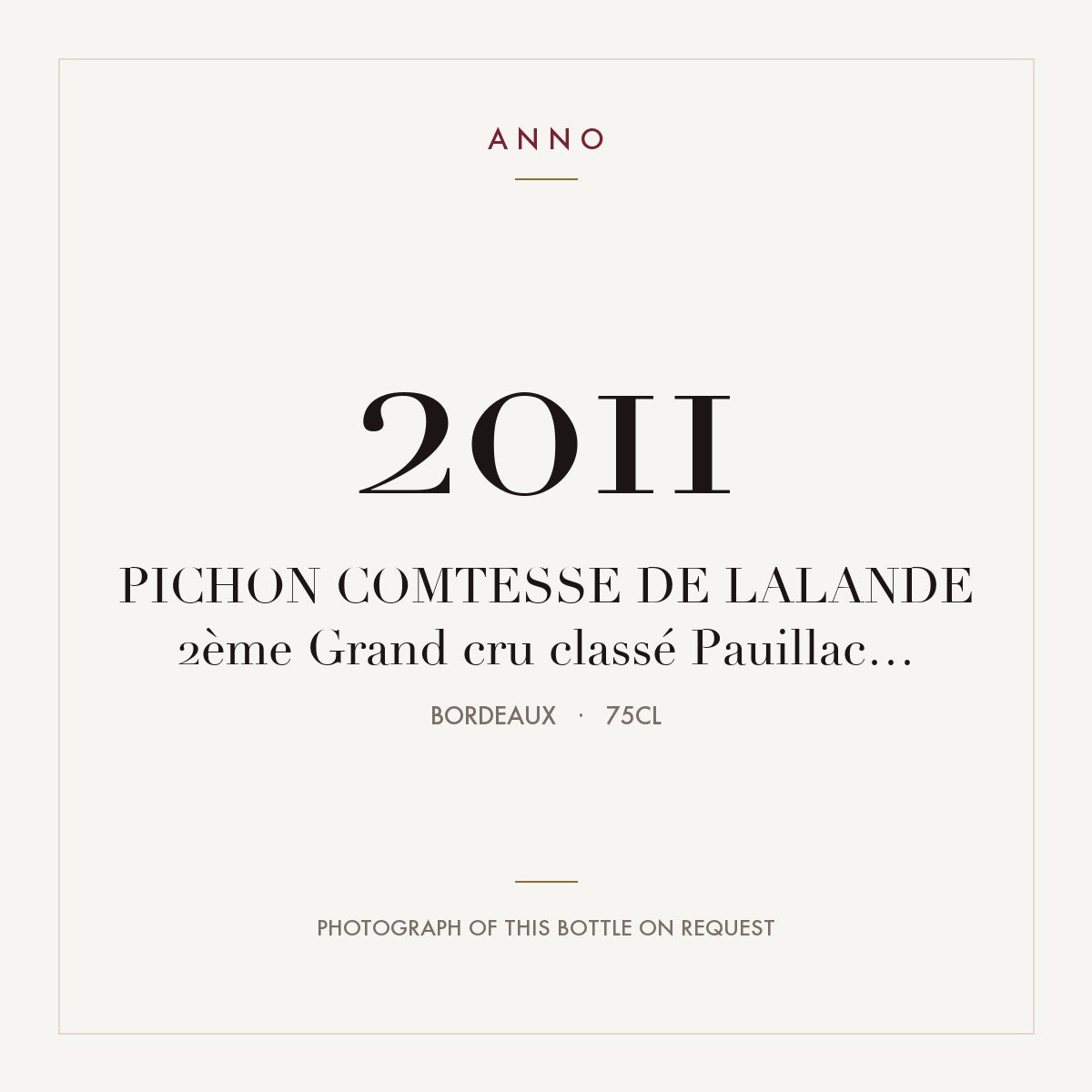 Chateau Pichon Longueville Comtesse de Lalande Pauillac 2011 AOC 0,75l — ANNO vintage card; photograph of the actual bottle available on request