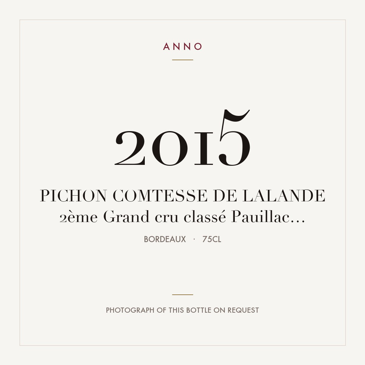 Chateau Pichon Longueville Comtesse de Lalande Pauillac Grand Cru 2015 AOC 0,75l — ANNO vintage card; photograph of the actual bottle available on request