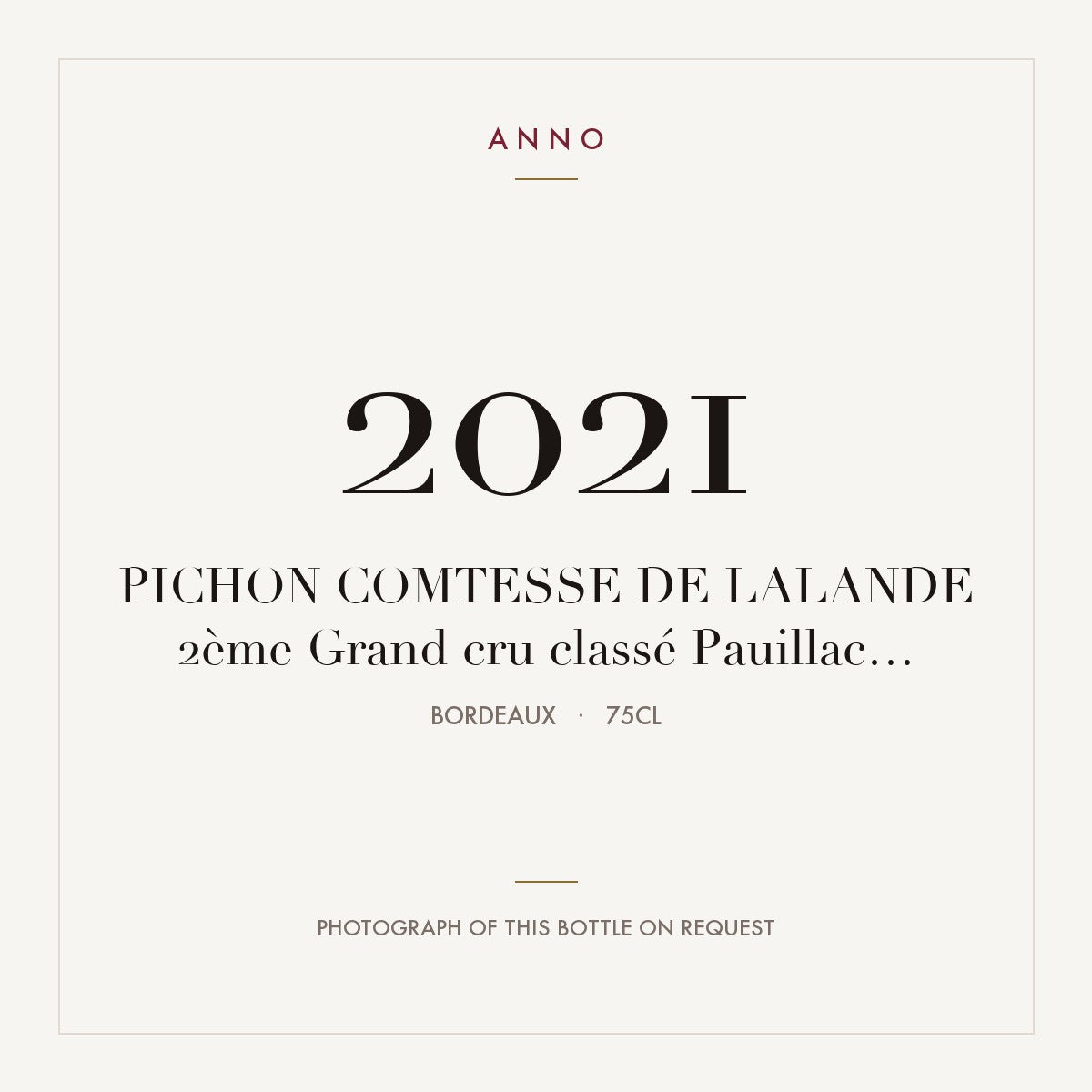 Chateau Pichon Longueville Comtesse de Lalande Pauillac 2021 AOC 0,75l — ANNO vintage card; photograph of the actual bottle available on request